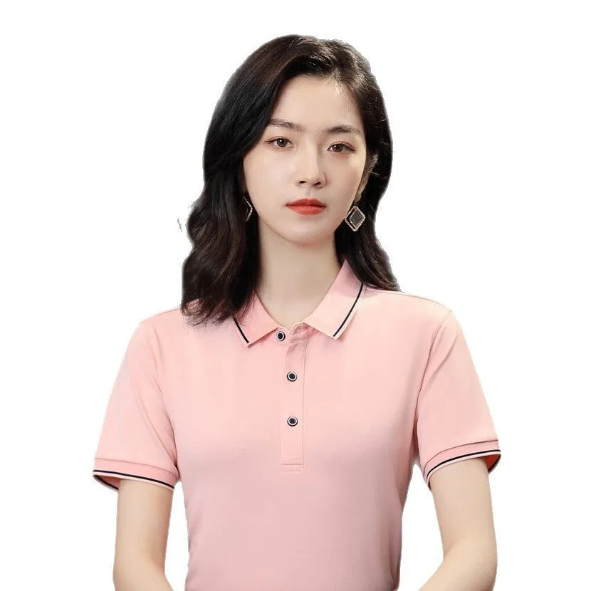 Short-sleeved beautician polo shirt with asymmetric colour panels in cool silk cotton fabric