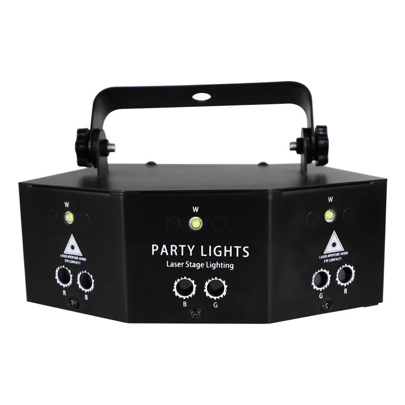 Nine eye laser strobe light unit with white light beads and red, green, blue laser projection.