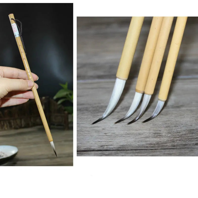 Set of four thin gold body wolf wool hook thread writing brushes for Chinese calligraphy.