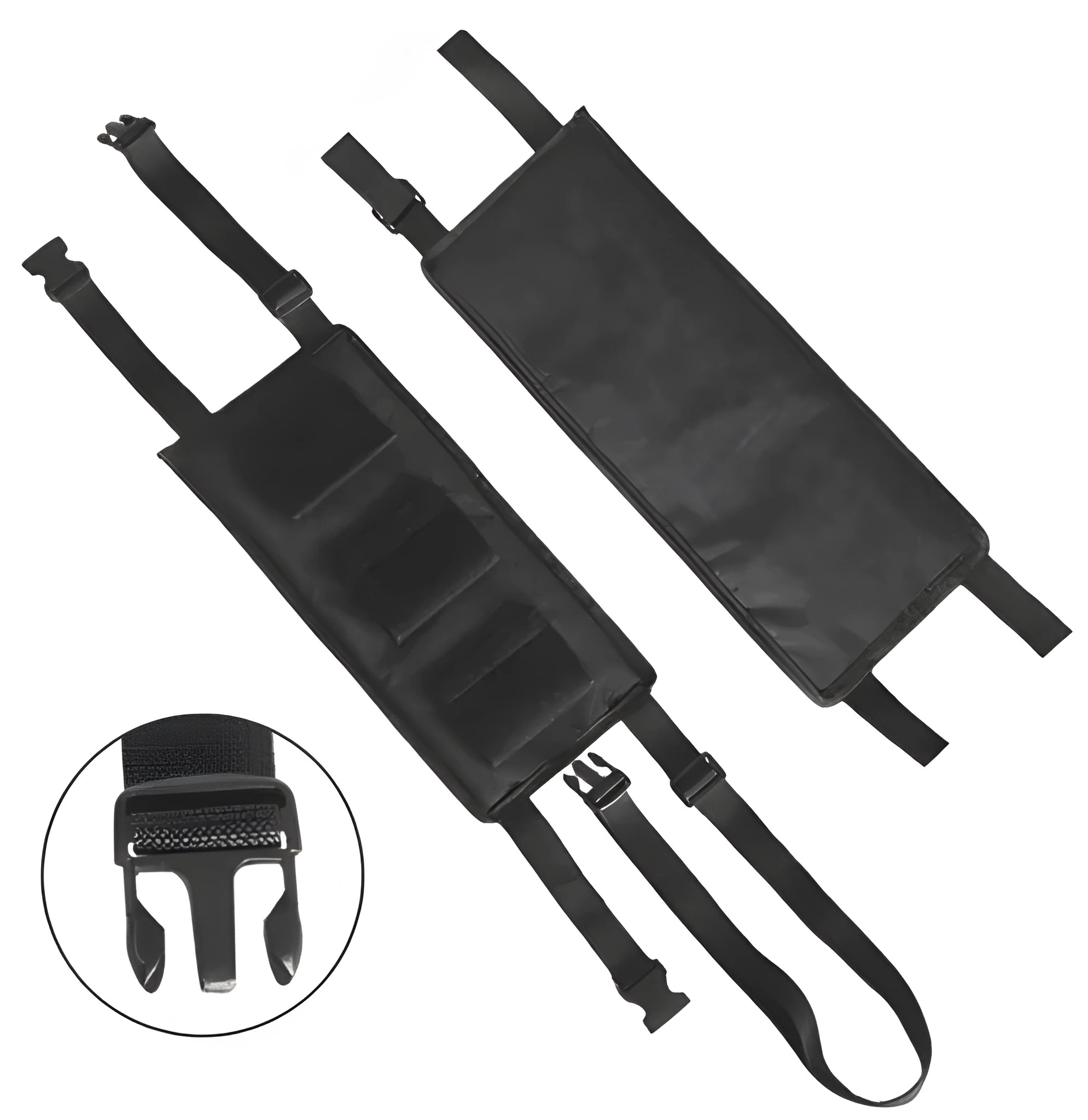 Black nylon Oxford cloth fishing rod holder mounted on car seat headrest with neoprene rod wrap, three-stroke capacity