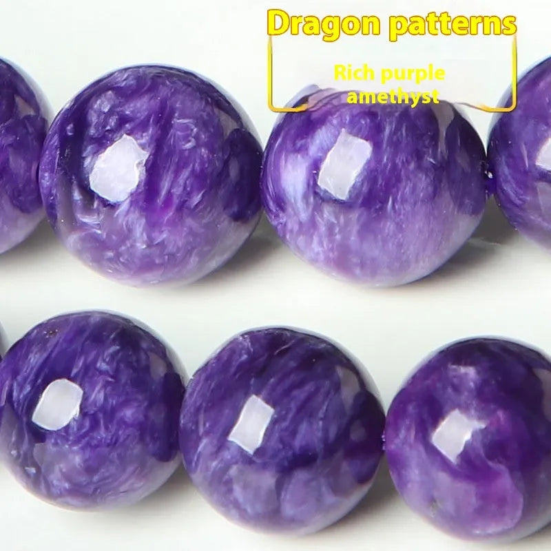Natural transparent charoite crystal bracelet with Platinum fittings, showing different bead size options.