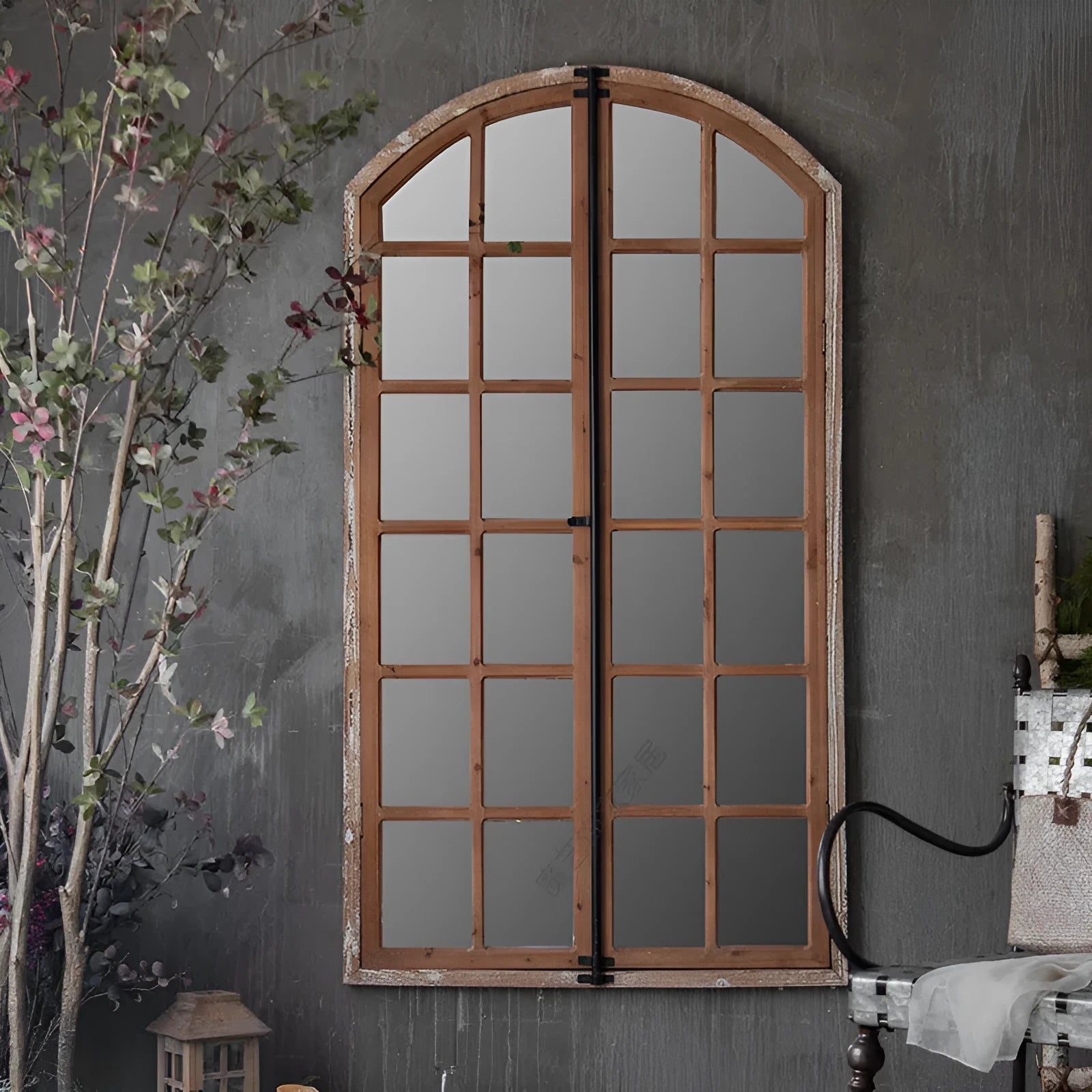 Terrace distressed fake window wall mirror with rustic log colour wooden-glass frame
