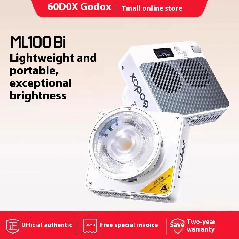 ML100Bi aluminium alloy photography LED fill light with lenses and battery handle on a stand.