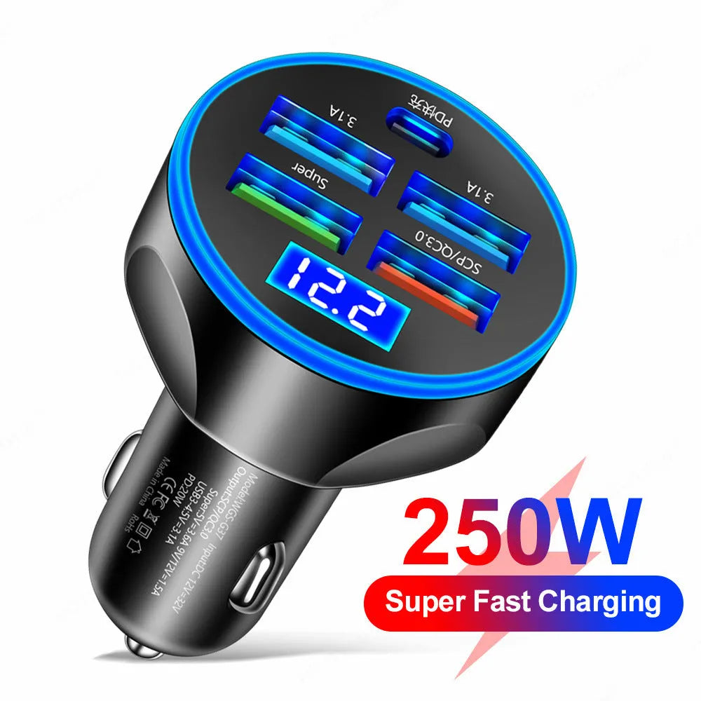 Black five-in-one car charger with digital display and multiple USB ports in a vehicle socket