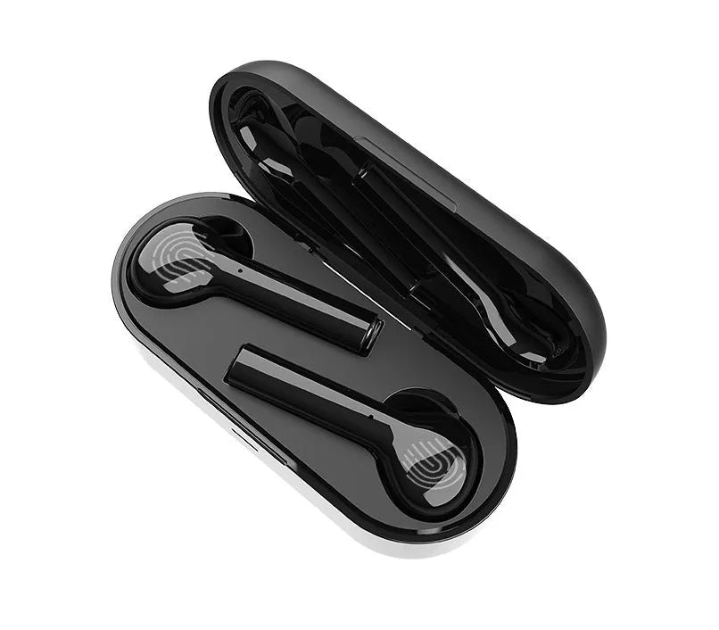 Black and white touch control wireless earbuds with a charging case on a white background