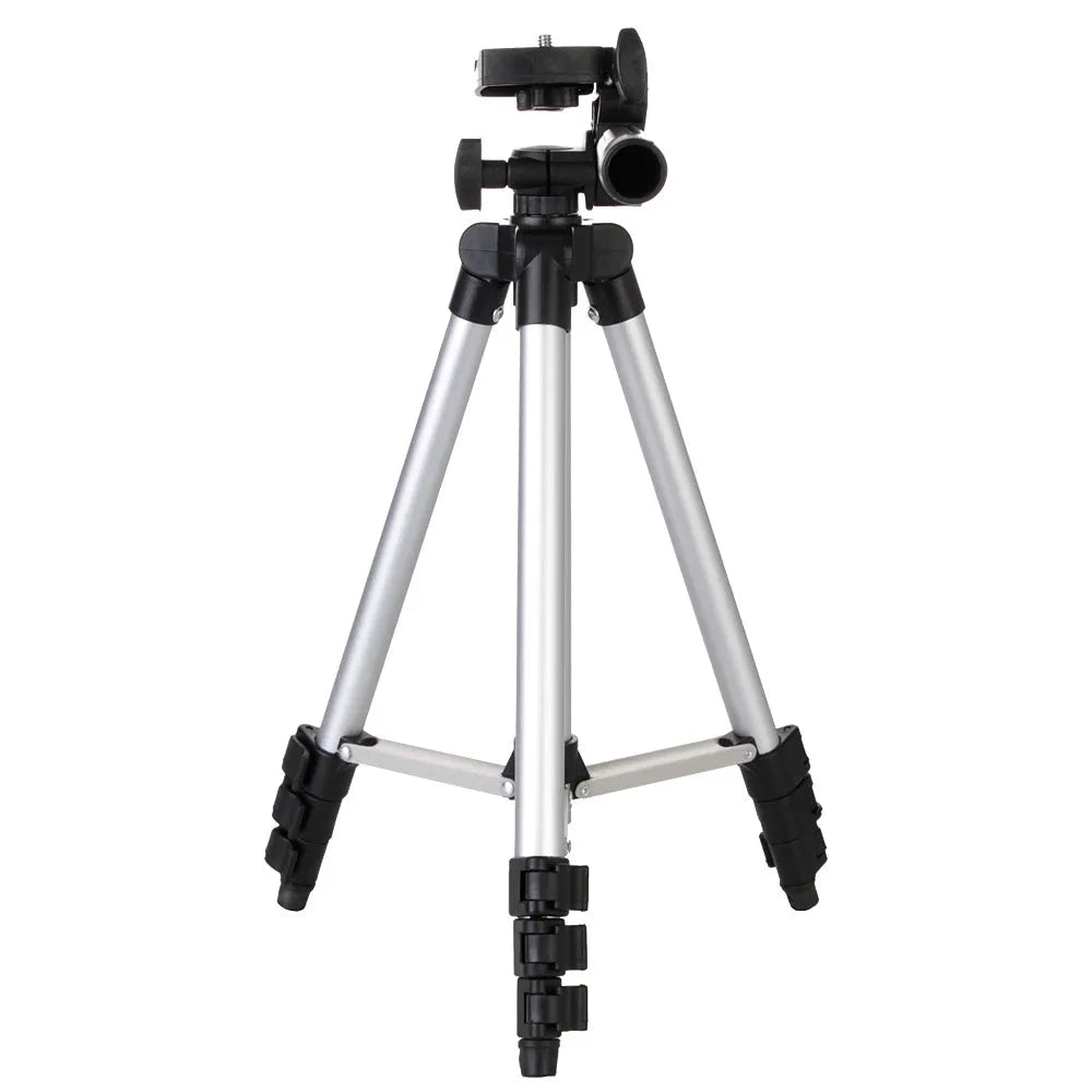 Lightweight aluminium alloy camera phone tripod with 3D pan/tilt head and quick release plate, silver or black.