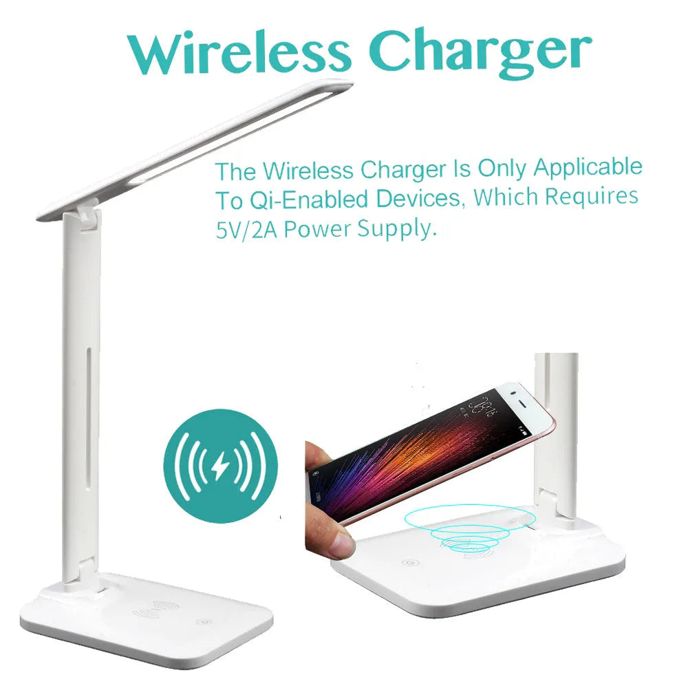 White eye protection desk lamp with Qi wireless charging base, 28 LED beads, touch dimmer, USB charging