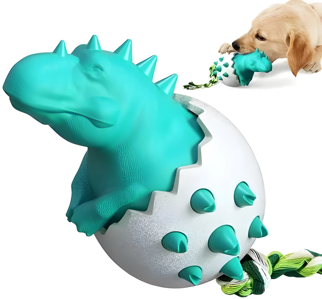 Blue durable rubber and nylon dinosaur-shaped dog chew toy with an integrated rope for aggressive chewers.