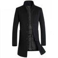 Men's long woolen trench coat in navy, black or grey with size chart from M to 5XL showing shoulder, bust, length and sleeve