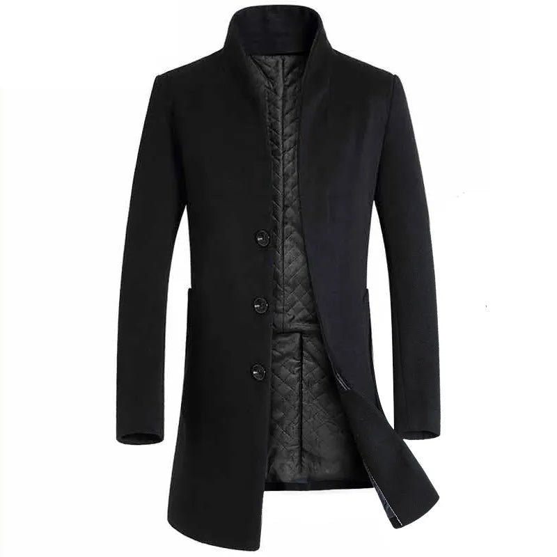 Men's long woolen trench coat in navy, black or grey with size chart from M to 5XL showing shoulder, bust, length and sleeve