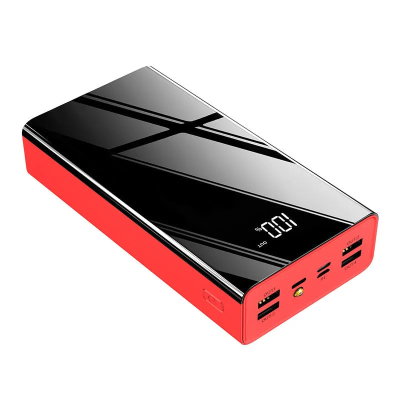Black and red large 40000mAh power bank with LCD display screen showing battery percentage.