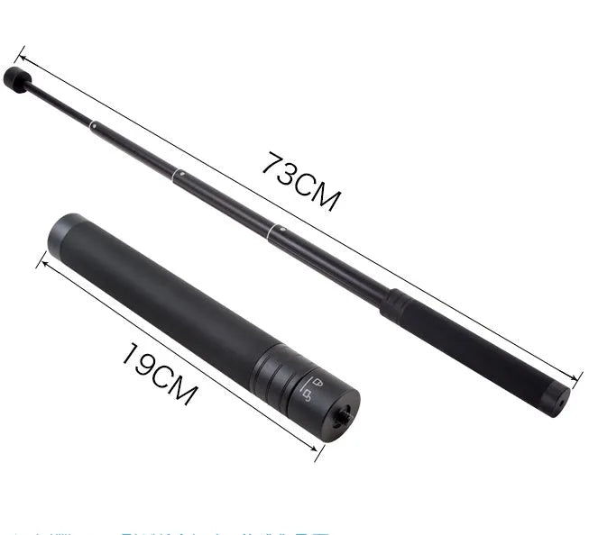 Black retractable aluminium selfie stick extended to its full 1-metre length with a universal phone mount attached.