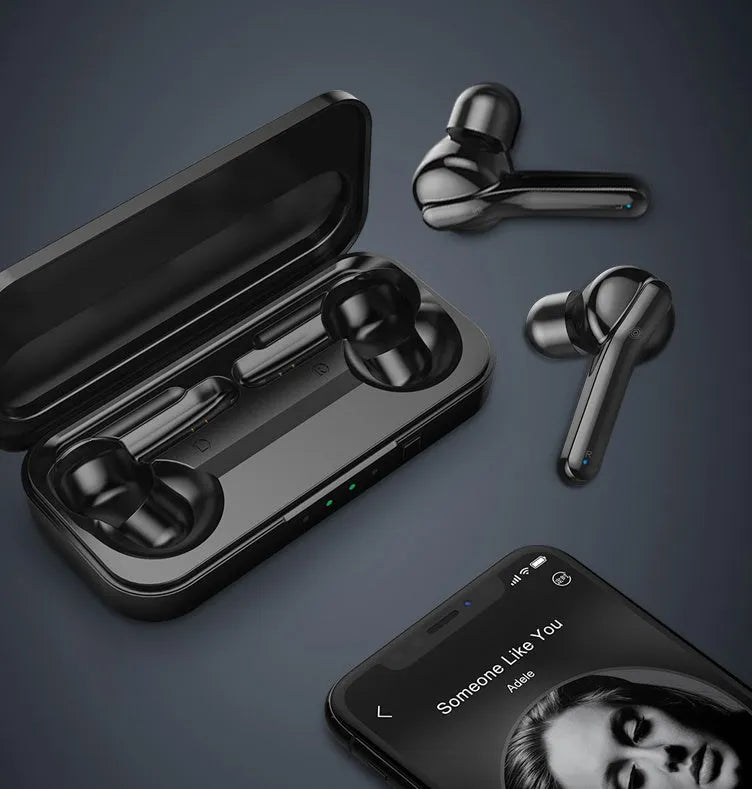 Black and white true wireless earbuds with charging case, showing discreet in-ear design for sports and daily use.
