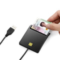 DM-HC65 USB Smart Card Reader in black ABS casing, front view with USB cable and card slot