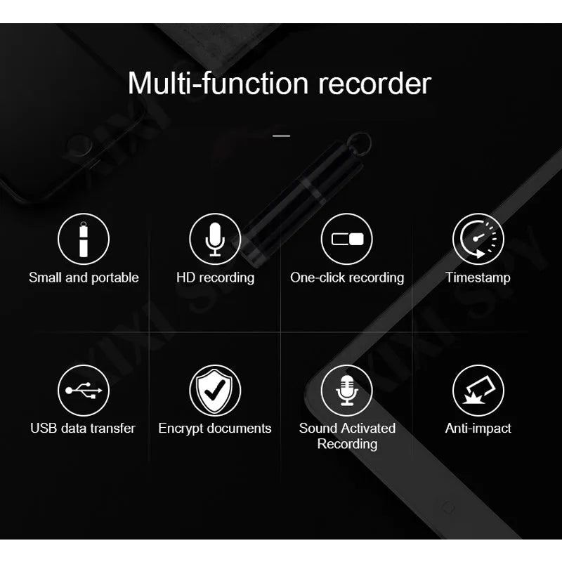 Black Amoi A1 metal digital voice recorder with display and included headset.