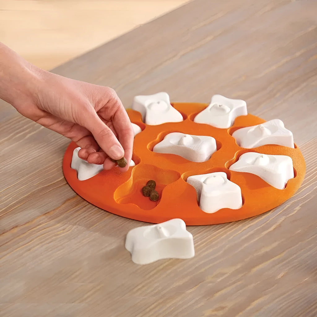 Orange and white plastic leak food puzzle toy for dogs and cats with kibble falling from opening