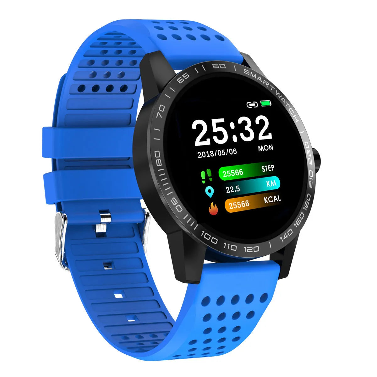Black and blue smart bracelet with a 1.3-inch colour screen displaying heart rate and step data.