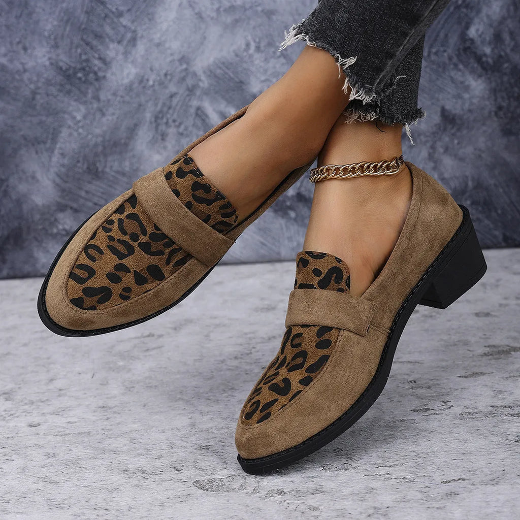 Leopard print suede slip-on shoes with pointed toe and chunky rubber sole in brown