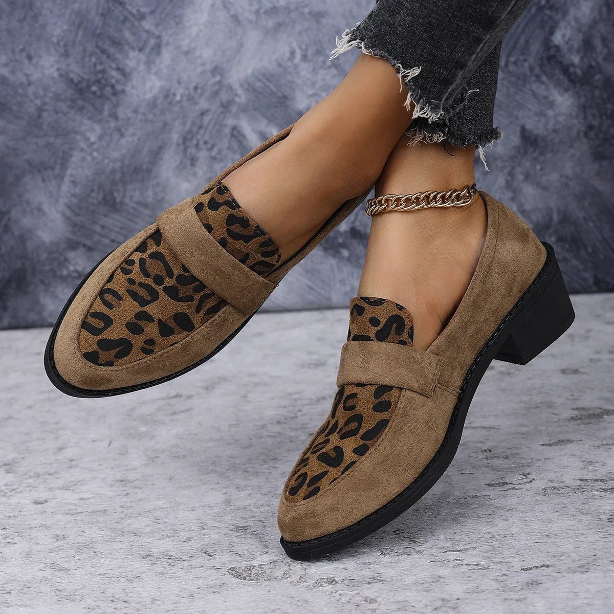 Leopard print suede slip-on shoes with pointed toe and chunky rubber sole in brown