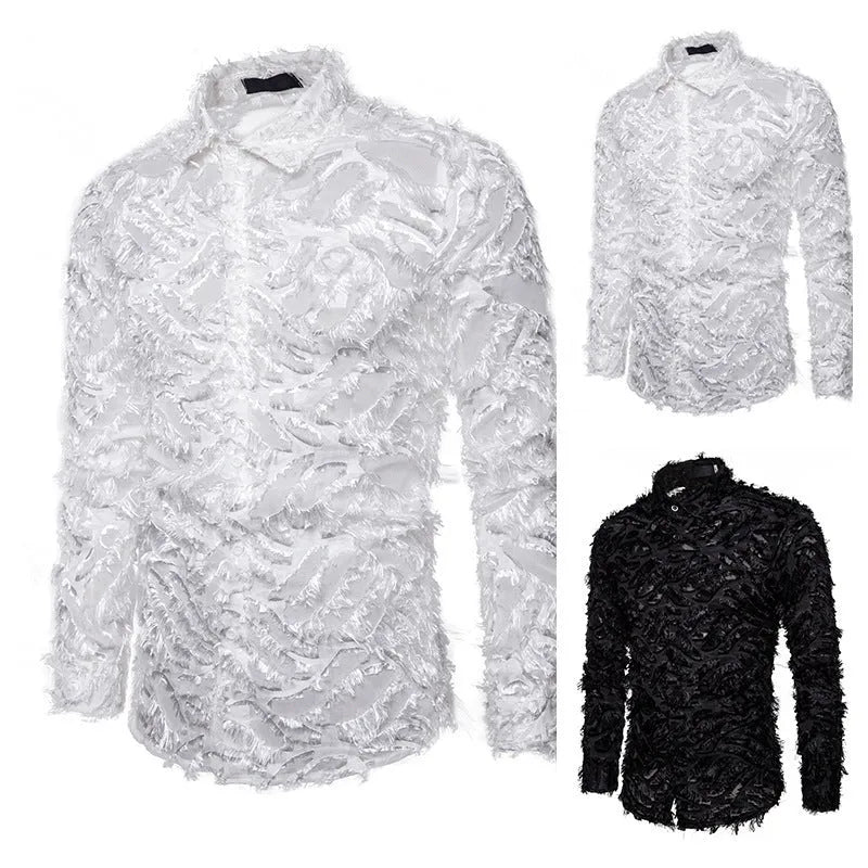 Feather tassel lapel shirt for men in black with non-iron cotton blended fabric