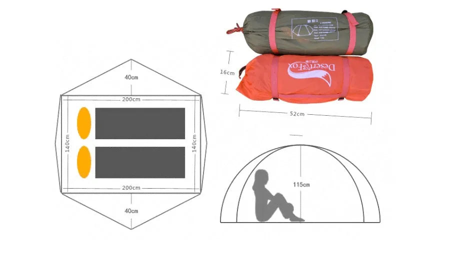 Outdoor camping double sun protection tent for 2 people in grass green with glass pole frame and 210T polyester flysheet