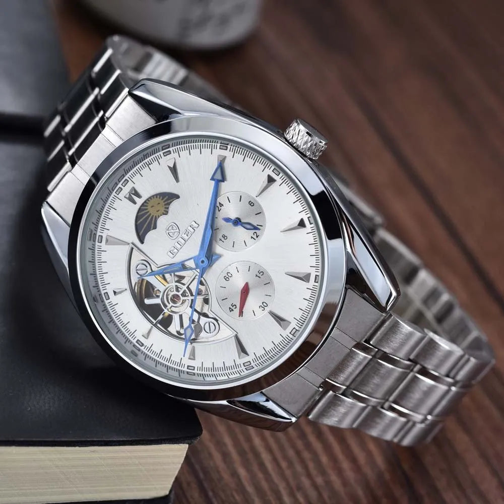 Men's tourbillon automatic mechanical wristwatch with stainless steel band, moon phase, and small seconds display