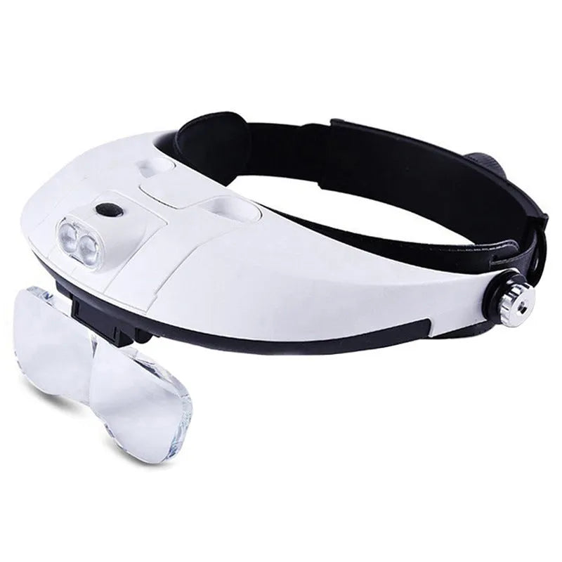 Headband magnifier with 5 lenses and 2 LED lights, 290x200x100mm, 625g, for crafts and sewing