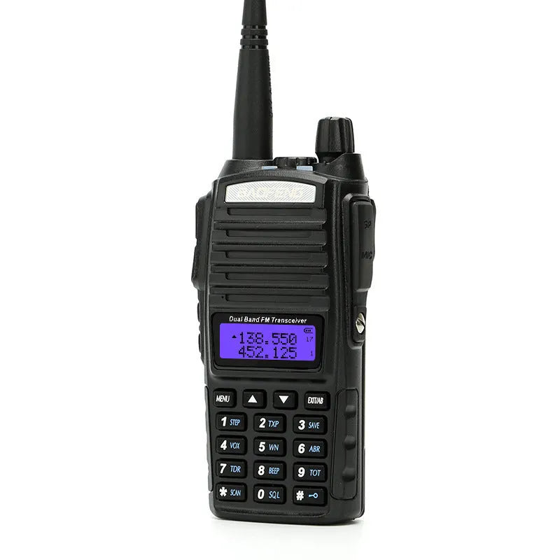 BF-UV82 8W walkie talkie in black with antenna and belt clip on a table