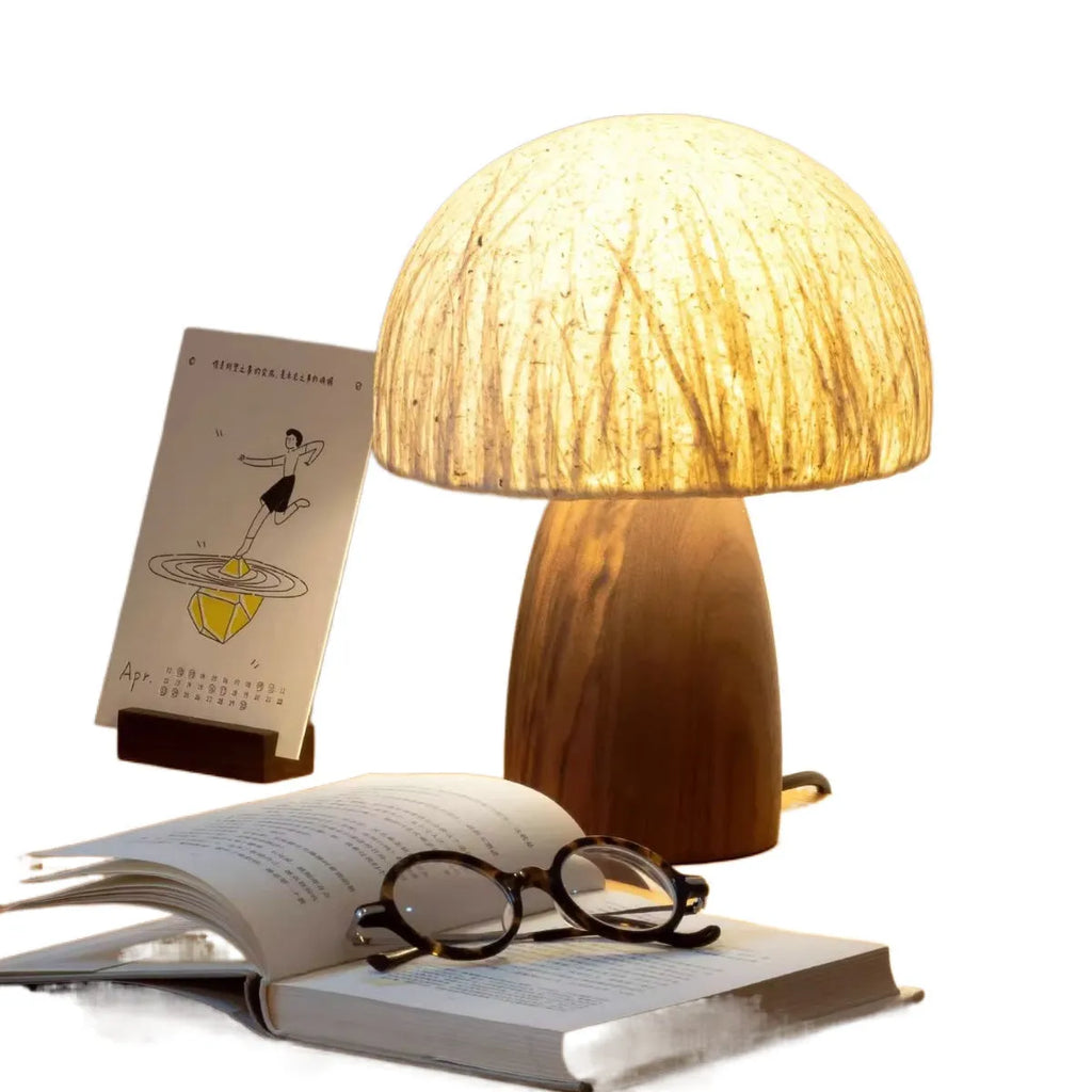 Mushroom lamp with black walnut wood base, handmade Japanese style, 220V EU plug, atmospheric glow