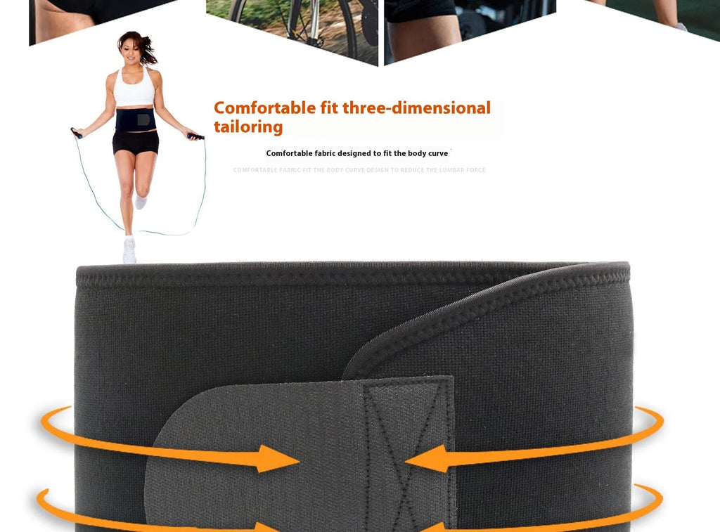 A neoprene lumbar support belt for sports and fitness, shown in black, blue, and pink colour options.