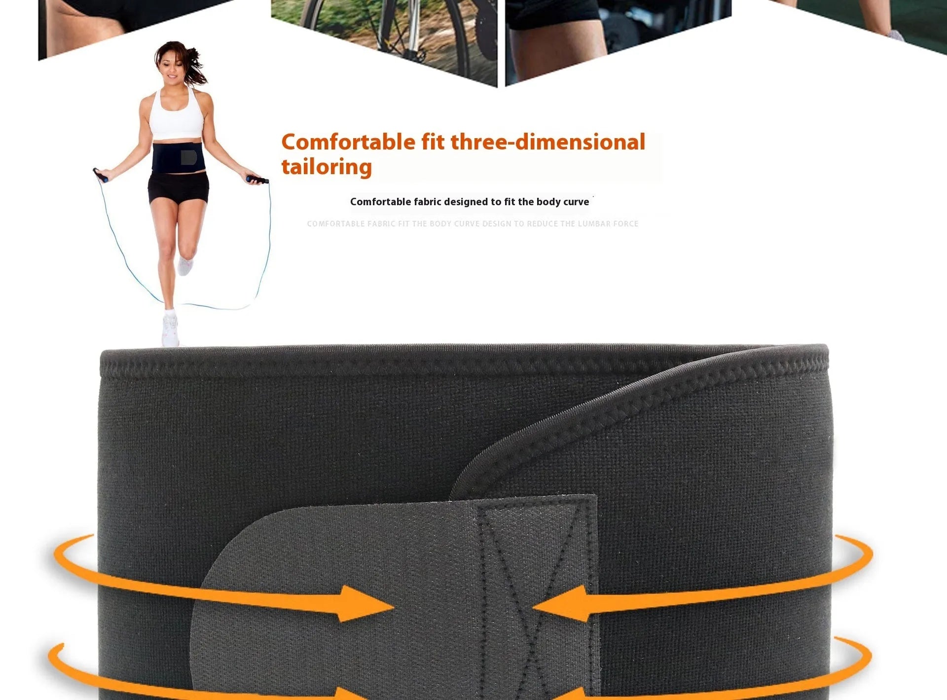 A neoprene lumbar support belt for sports and fitness, shown in black, blue, and pink colour options.