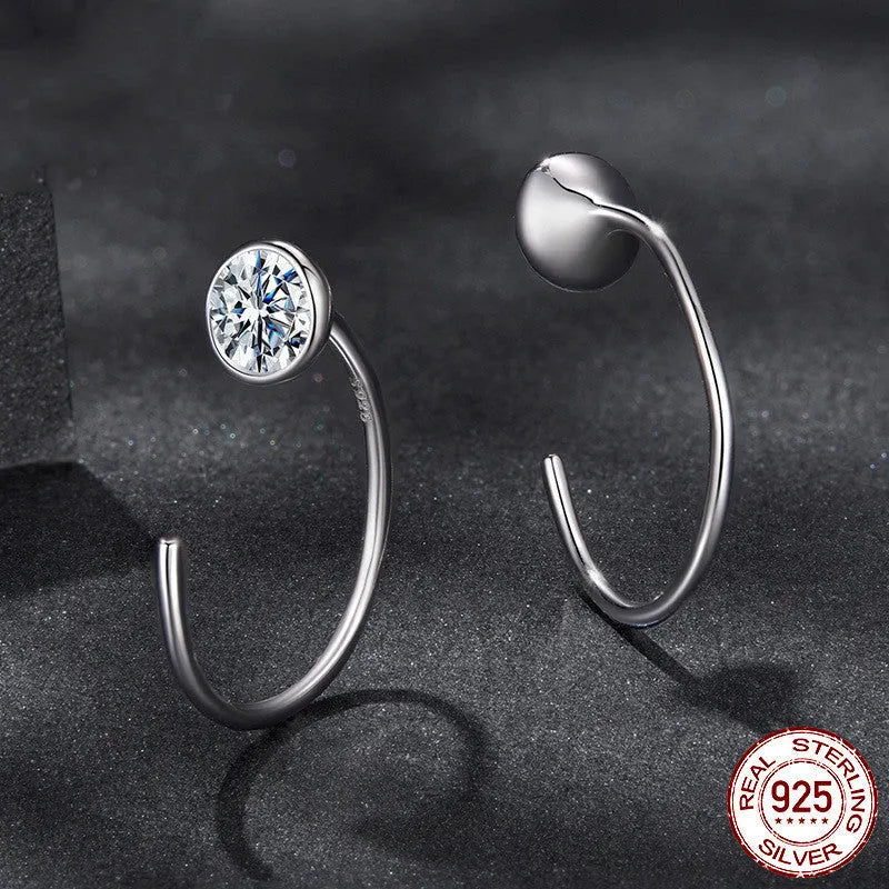 Silver moissanite ear hook with D colour stone, geometric line design, MSE105 certificate option, one pair for women