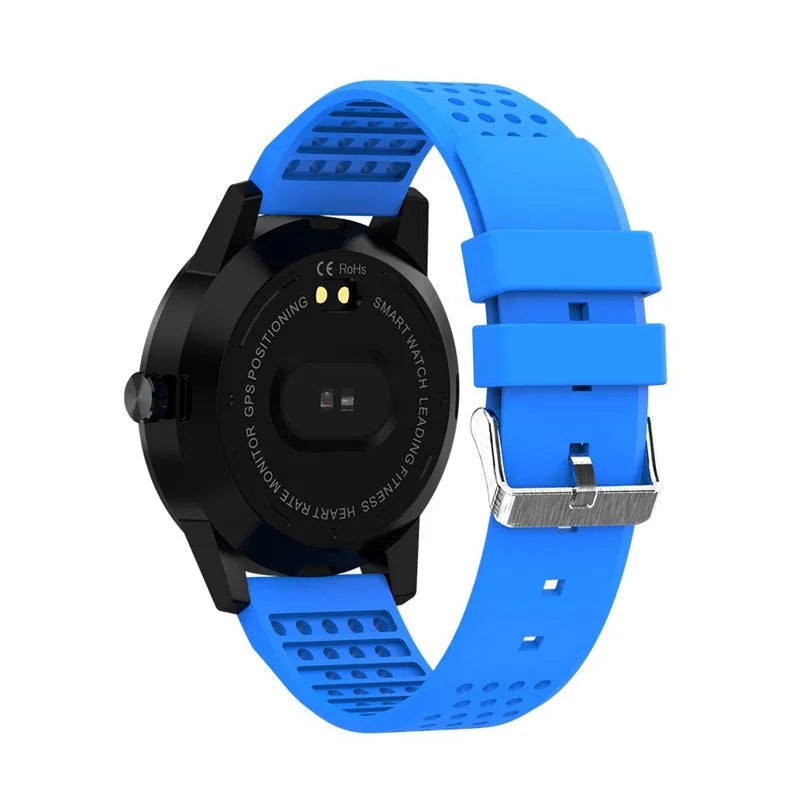 Black and blue smart bracelet with a 1.3-inch colour screen displaying heart rate and step data.