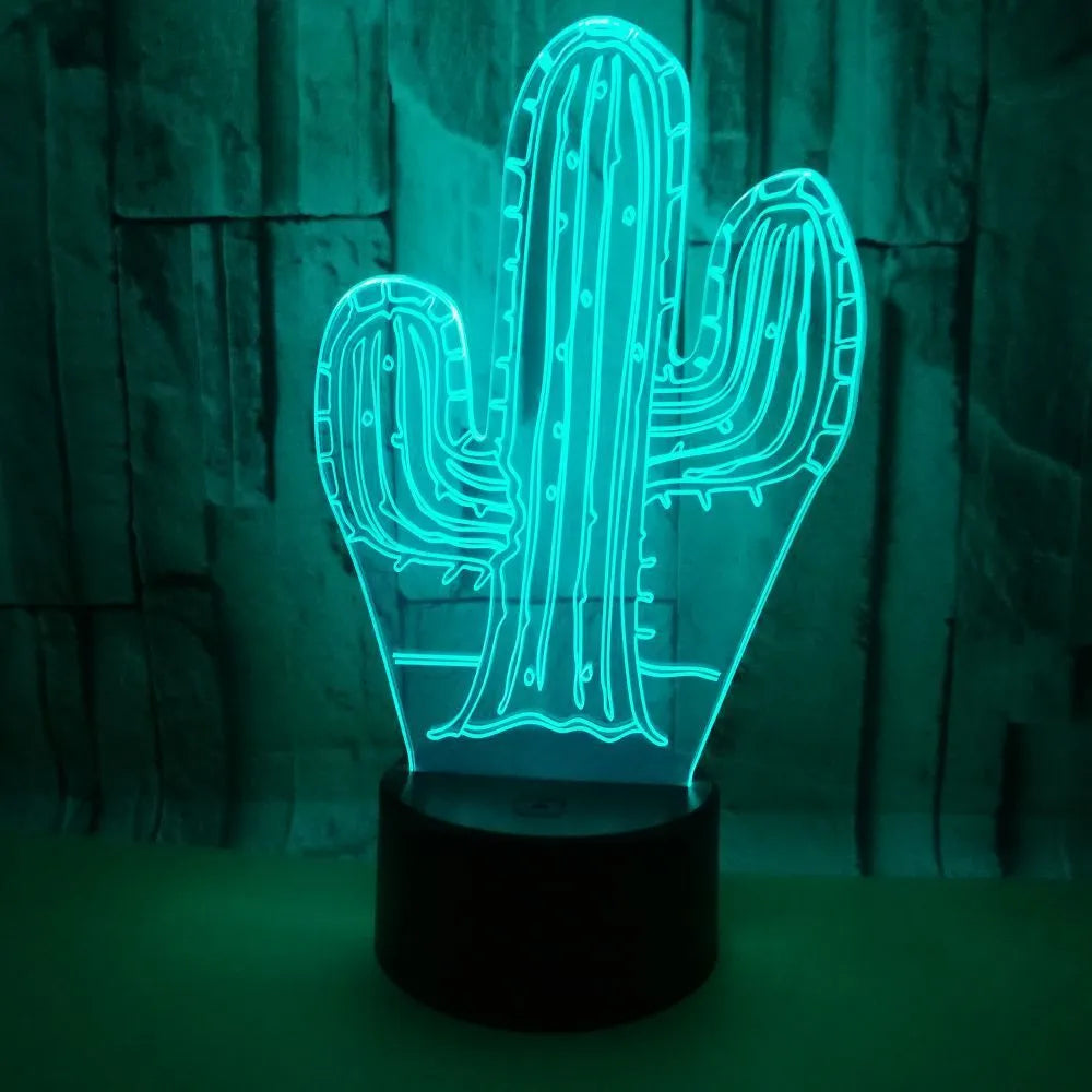 Cactus 3D night light with touch switch, 7 colours, 87x87x42mm base, USB or battery powered