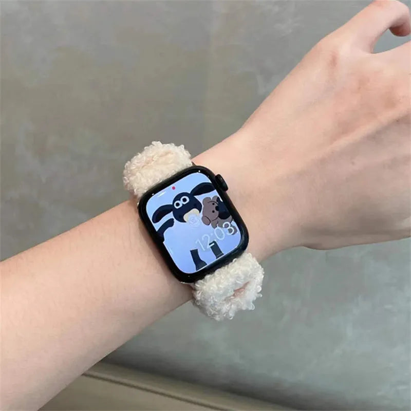 Velvet elastic hair loop watch strap for Apple Watch in brown, off white and blue, compatible with 38/40/41/42/44/45mm sizes