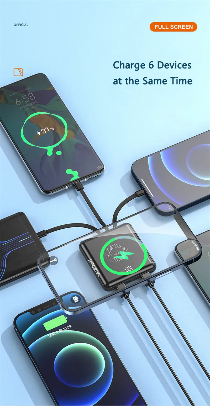 Compact square 20000mAh PD fast charging power bank with LCD screen in red, green, or black.