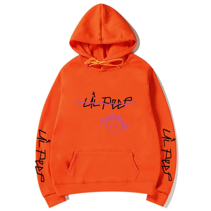 Lil Peep hoodie in beige with white word printing and three-dimensional patch pocket, plus-velvet lining inside