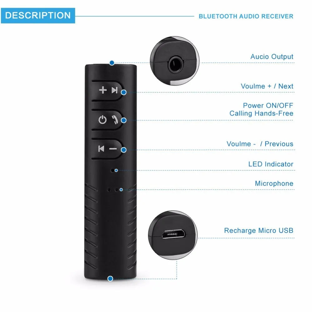 Black universal Bluetooth audio receiver adapter with 3.5mm jack for car stereo and speaker wireless upgrade
