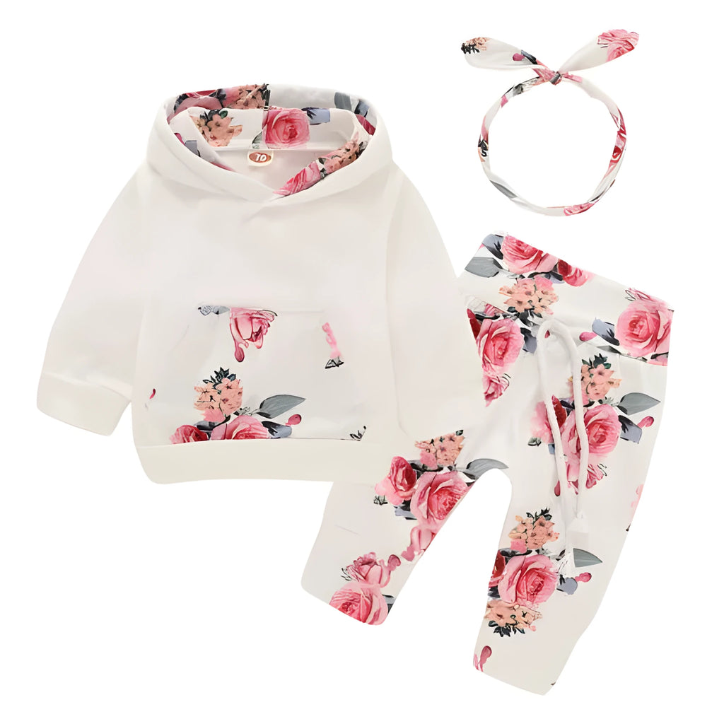 White cotton hooded tracksuit for baby girls with long sleeves and trousers