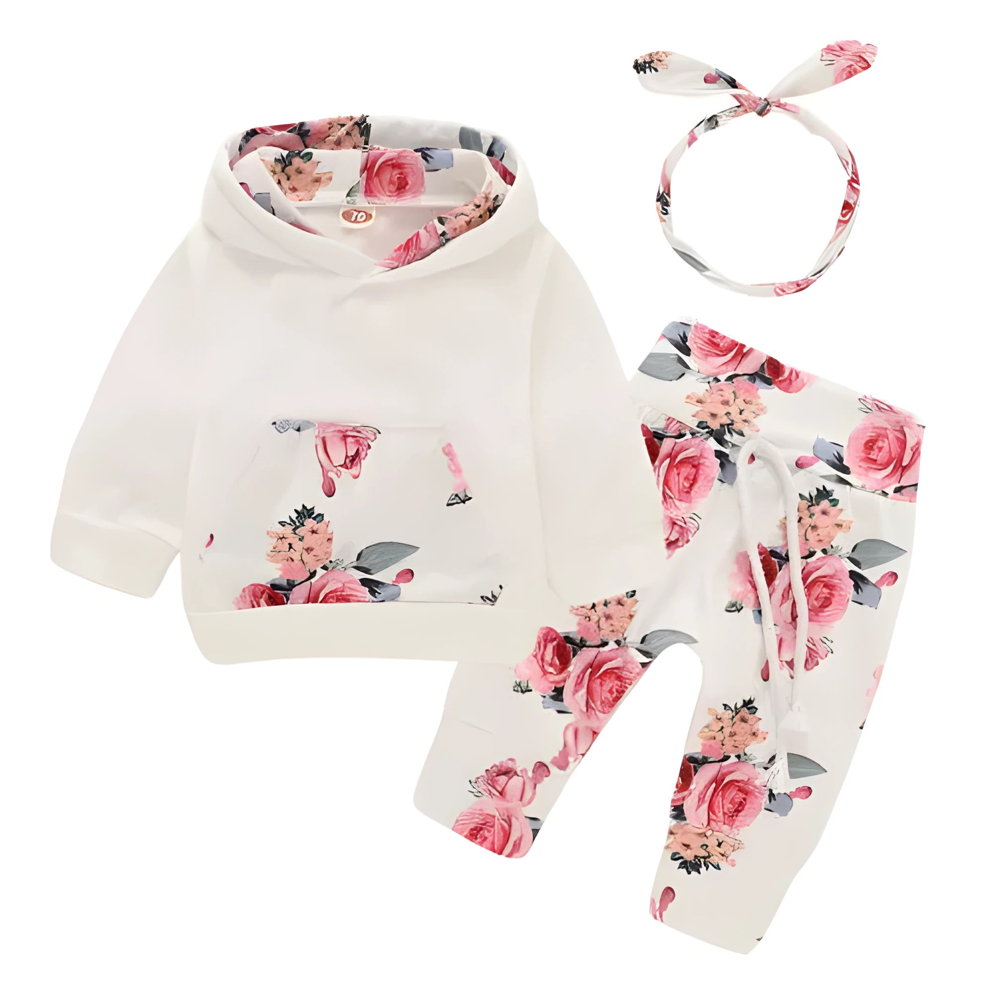 White cotton hooded tracksuit for baby girls with long sleeves and trousers