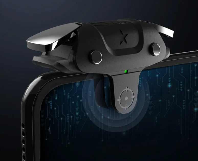 Compact black F5 Bluetooth game controller for mobile phones next to a smartphone.