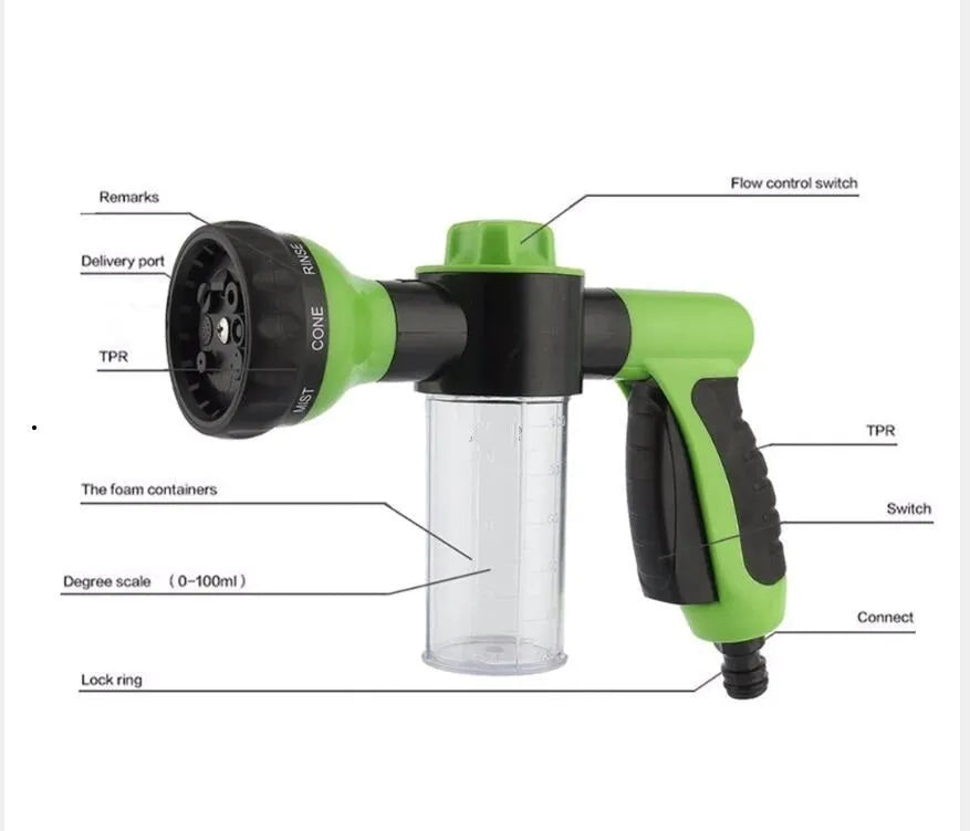 High pressure foam spray gun with eight spray patterns in green, yellow or black with water pipe