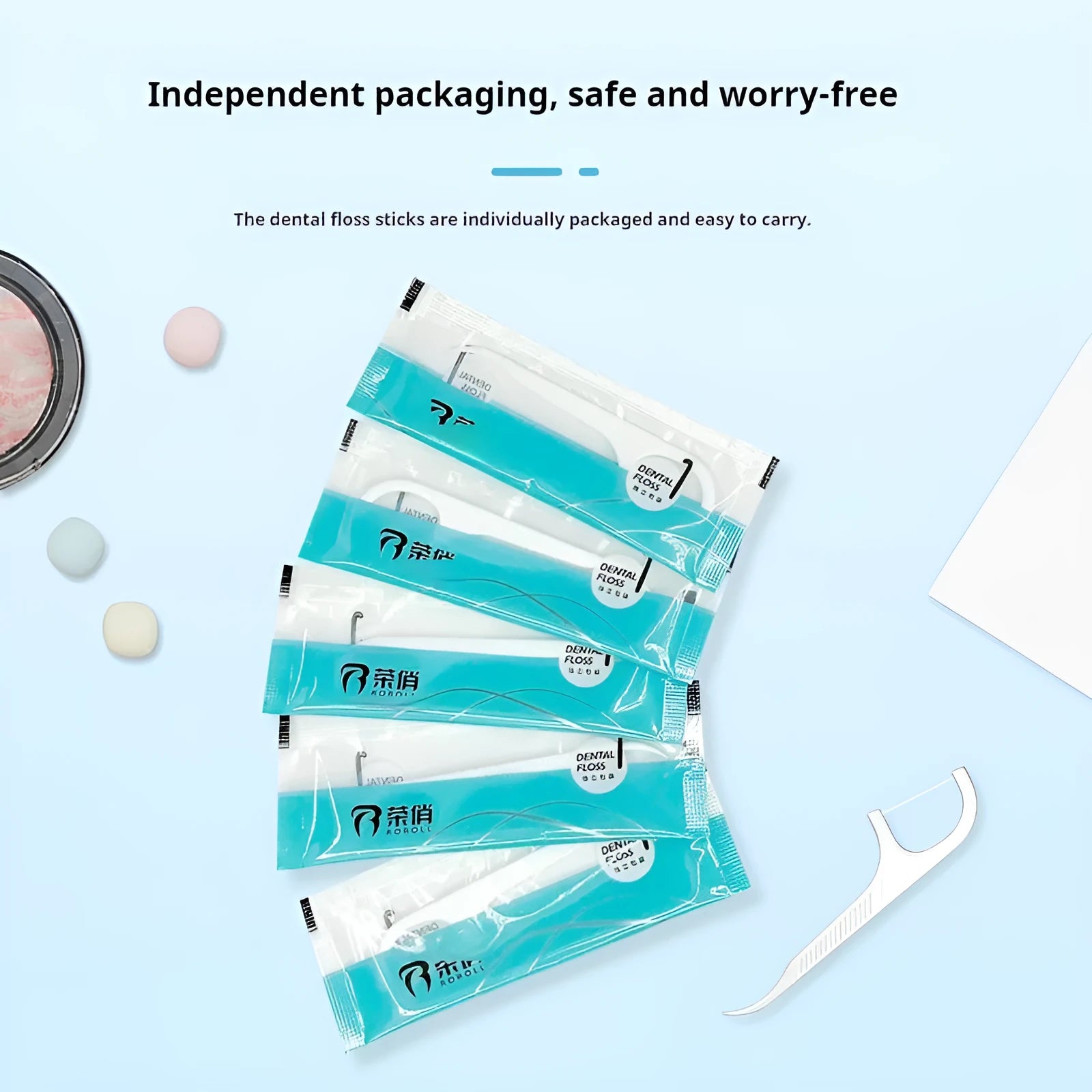 Disposable dental floss packs showing independent wrappers and bulk bag options