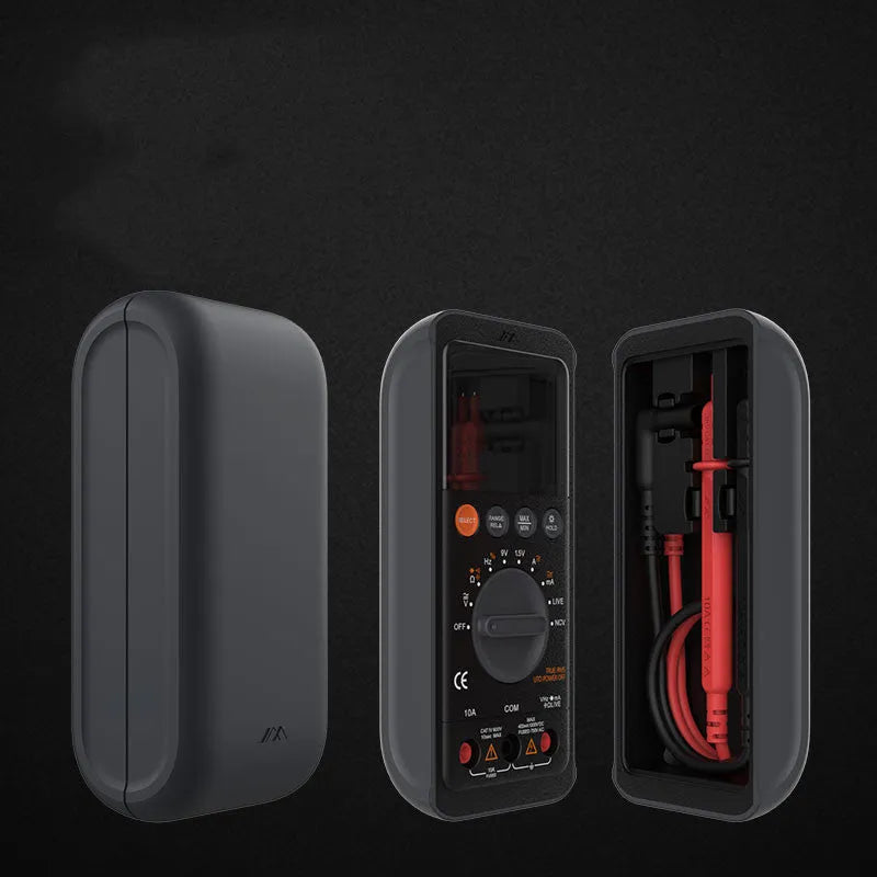 High precision digital multimeter with LCD display, black casing, 153 x 70 x 53 mm, battery powered.