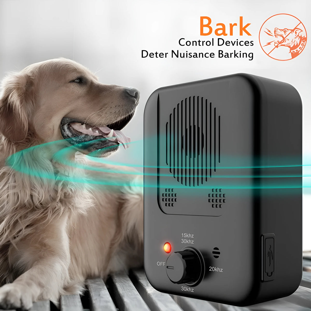 Ultrasonic anti barking device for dogs with USB cable and hook for hanging outdoors