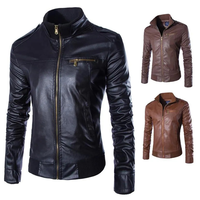 Black artificial leather motorcycle jacket with polyester lining on display showing front zipper and lapels
