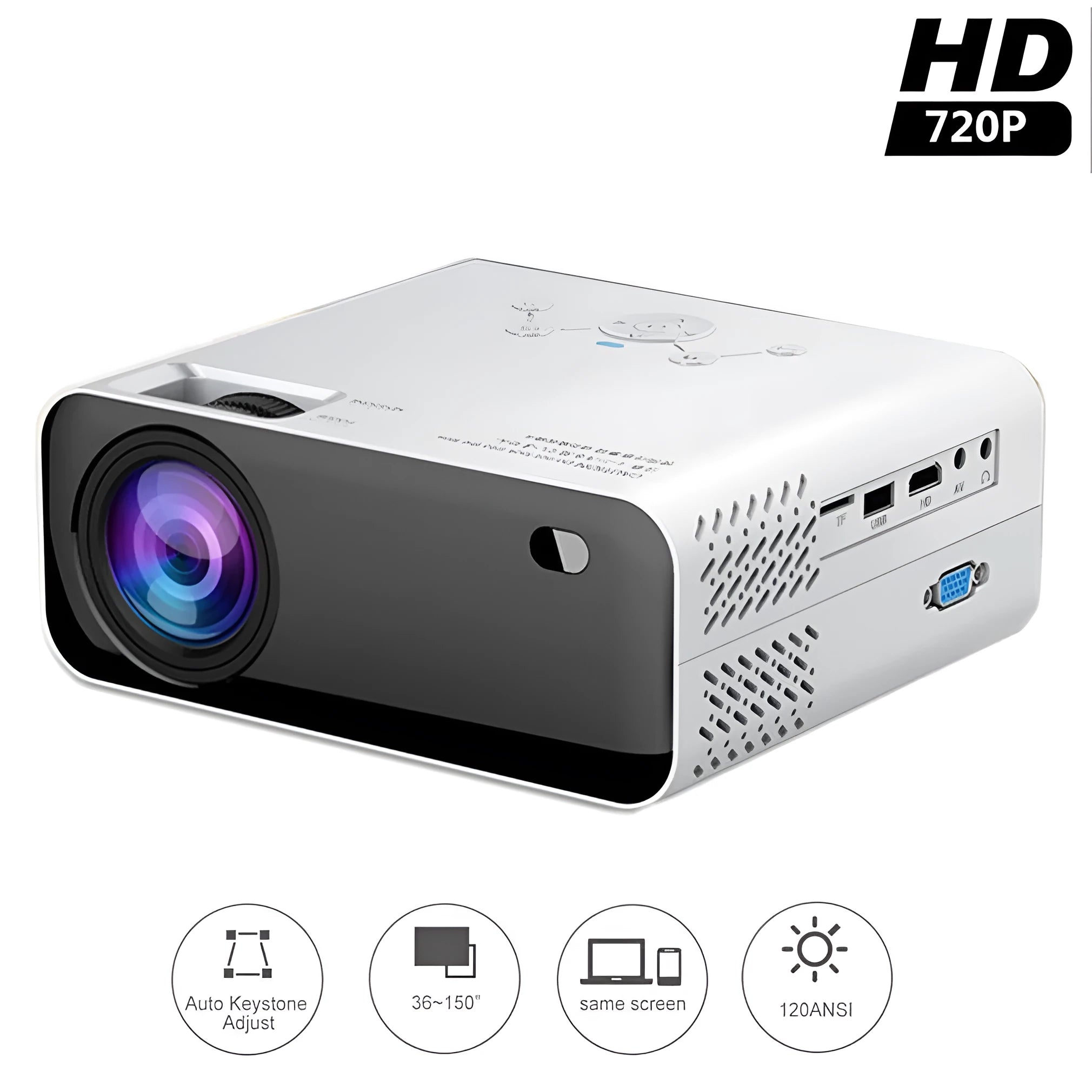 White LCD home office projector with manual focus and keystone correction on a desk