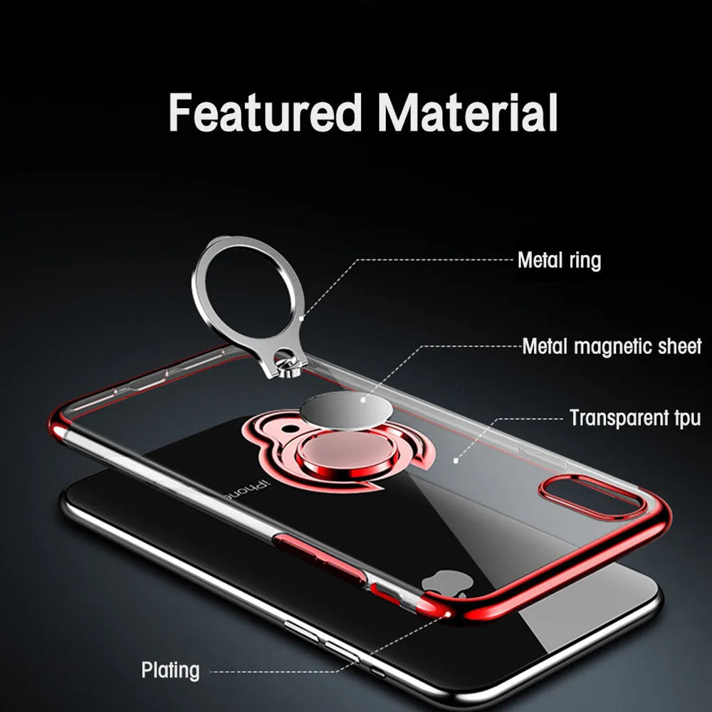 Black magnetic ring phone case for iPhone XR with protective shell, ports accessible