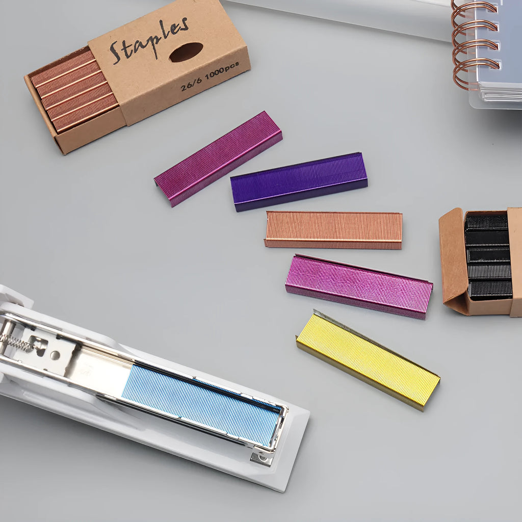 Box of 1000 metal office staples in four colour options: black, purple, rose gold and rose red