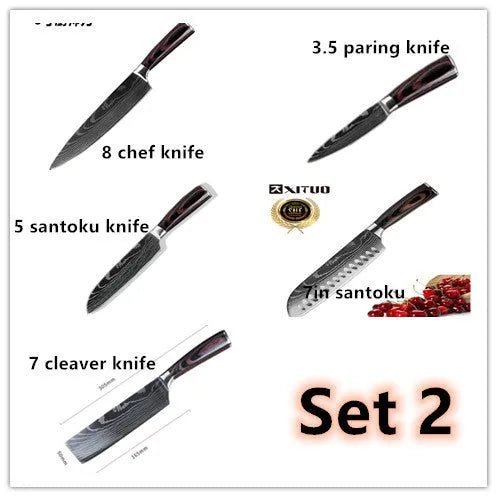 7Cr17 stainless steel kitchen knife with Damascus pattern blade and coloured wood handle on a cutting board.